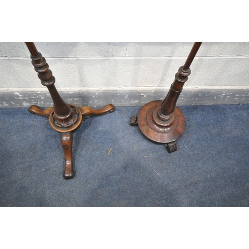 1653 - A VICTORIAN WALNUT POLE SCREEN, with a silk needlework shield panel, on a turned support and tripod ... 