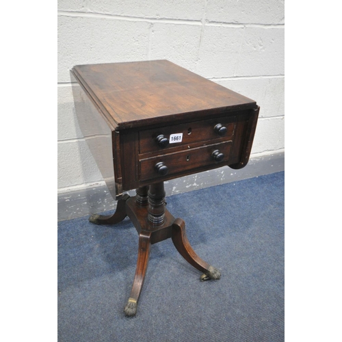 1661 - A GEORGE III MAHOGANY DROP LEAF SIDE WORK TABLE, with two drawers, on twin turned supports, and four... 