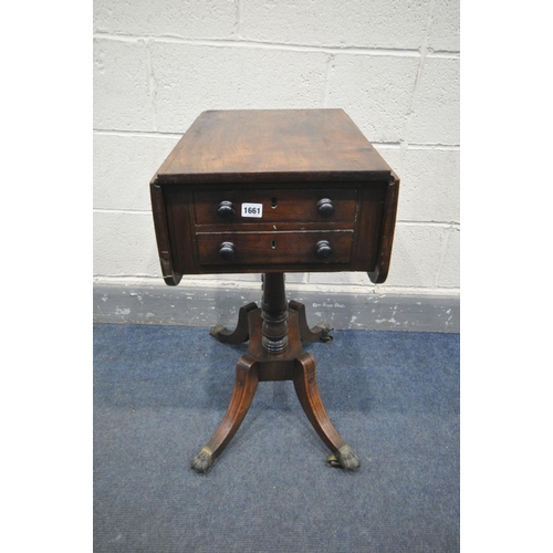 1661 - A GEORGE III MAHOGANY DROP LEAF SIDE WORK TABLE, with two drawers, on twin turned supports, and four... 