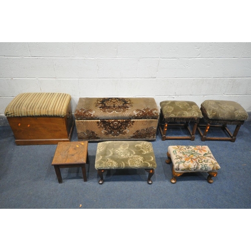 1662 - A 19TH CENTURY WALNUT STORAGE STOOL, with twin handles, width 59cm x depth 39cm, an upholstered otto... 