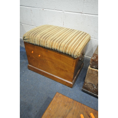 1662 - A 19TH CENTURY WALNUT STORAGE STOOL, with twin handles, width 59cm x depth 39cm, an upholstered otto... 