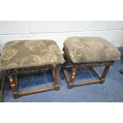 1662 - A 19TH CENTURY WALNUT STORAGE STOOL, with twin handles, width 59cm x depth 39cm, an upholstered otto... 