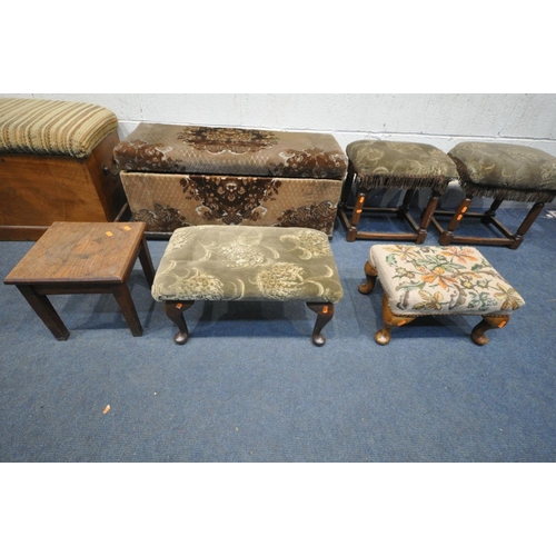 1662 - A 19TH CENTURY WALNUT STORAGE STOOL, with twin handles, width 59cm x depth 39cm, an upholstered otto... 