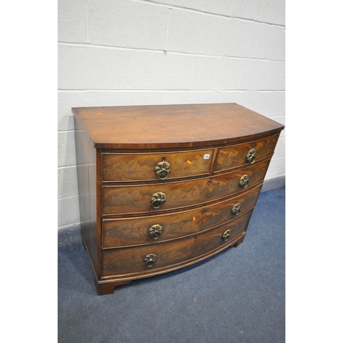 1666 - A GEORGIAN FLAME MAHOGANY BOWFRONT CHEST OF TWO SHORT AND THREE LONG DRAWERS, with brass circular ha... 