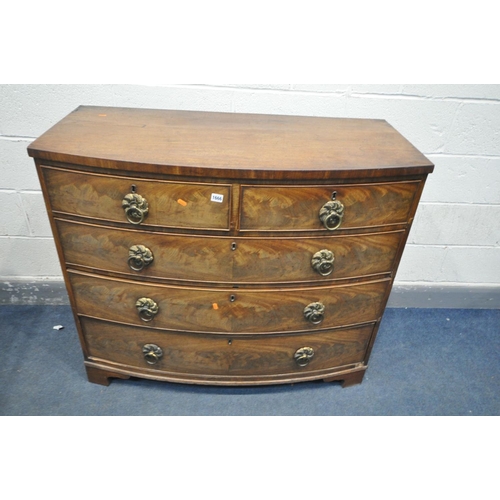 1666 - A GEORGIAN FLAME MAHOGANY BOWFRONT CHEST OF TWO SHORT AND THREE LONG DRAWERS, with brass circular ha... 