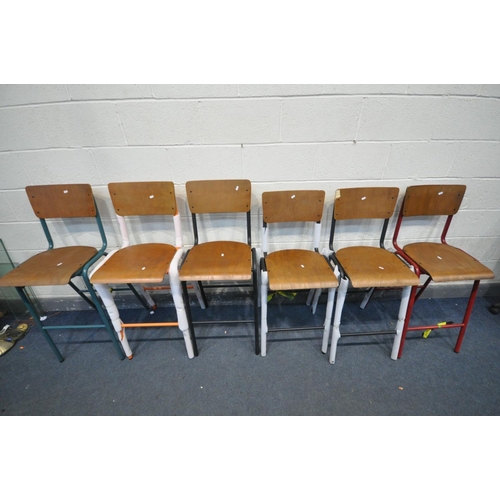 1673 - SIX SIZED METAL FRAMED BAR STOOLS FROM PEPPERMILL INTERIORS, three black, one red, one orange and on... 