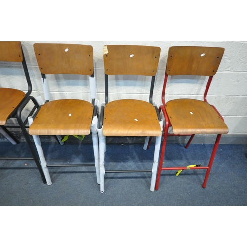 1673 - SIX SIZED METAL FRAMED BAR STOOLS FROM PEPPERMILL INTERIORS, three black, one red, one orange and on... 