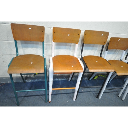 1673 - SIX SIZED METAL FRAMED BAR STOOLS FROM PEPPERMILL INTERIORS, three black, one red, one orange and on... 