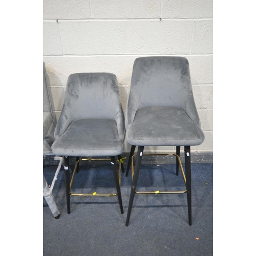 1675 - TWO GREY VELVET METAL FRAMED BAR STOOLS, tallest 108cm x shortest 96cm, along with a swivel bar stoo... 