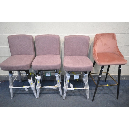 1676 - THREE SWIVEL BAR STOOLS WITH LIGHT PURPLE UPHOLSTERY, height 108cm, along with a pink velvet barstoo... 