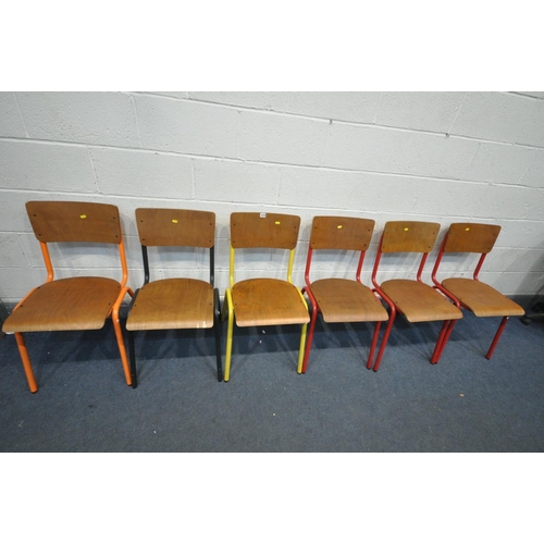 1678 - SIX METAL FRAMED STACKING CHAIRS, with wooden seat and back, three red, one yellow, one black, one o... 