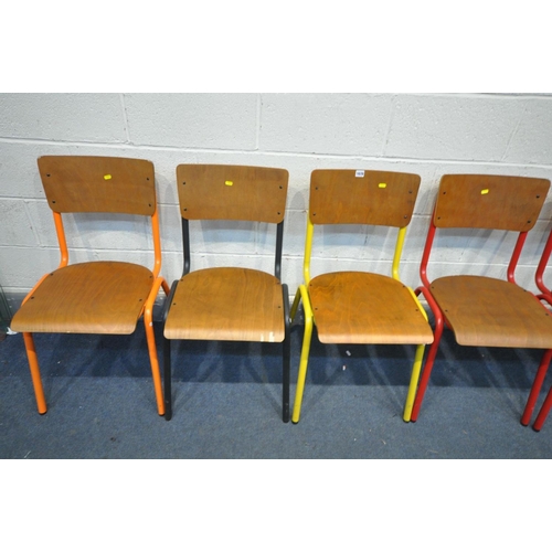 1678 - SIX METAL FRAMED STACKING CHAIRS, with wooden seat and back, three red, one yellow, one black, one o... 