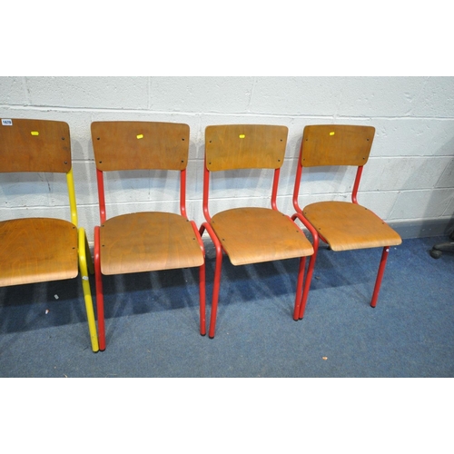 1678 - SIX METAL FRAMED STACKING CHAIRS, with wooden seat and back, three red, one yellow, one black, one o... 