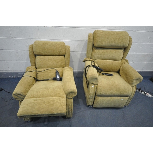 1680 - A PAIR OF MUSTARD YELLOW MIDDLETONS RISE AND RECLINE AMRCHAIRS, with various massage and heat functi... 