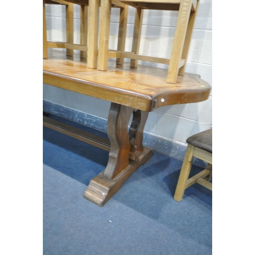 1521 - A HEAVY OAK TRESTLE DINING TABLE, with serpentine ends, length 230cm x depth 96cm x height 77cm (con... 