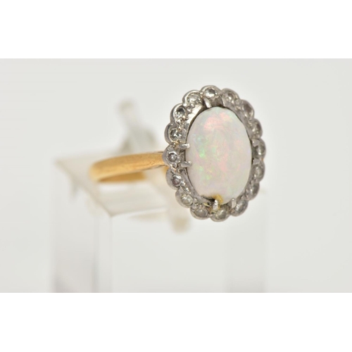 11 - A 9CT GOLD OPAL AND DIAMOND CLUSTER RING, of an oval form, centring on an oval cut opal cabochon, sh... 