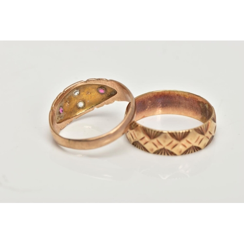 12 - A 9CT GOLD BAND RING AND A GEM SET RING, wide textured band, approximate band width 5.5mm, hallmarke... 