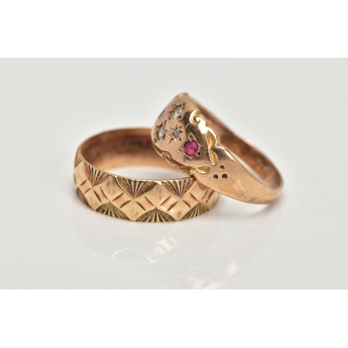 12 - A 9CT GOLD BAND RING AND A GEM SET RING, wide textured band, approximate band width 5.5mm, hallmarke... 