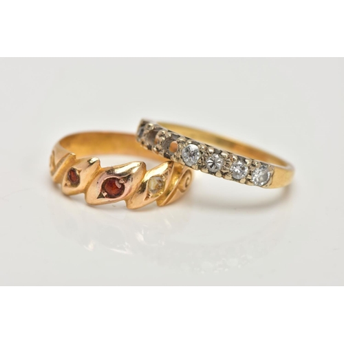 14 - AN 18CT GOLD RING AND A DIAMOND HALF ETERNITY RING, the first a late Victorian ring, designed with t... 