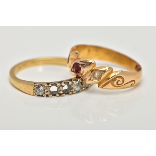 14 - AN 18CT GOLD RING AND A DIAMOND HALF ETERNITY RING, the first a late Victorian ring, designed with t... 