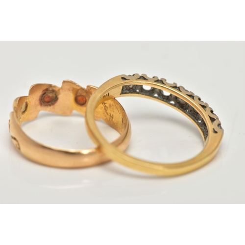 14 - AN 18CT GOLD RING AND A DIAMOND HALF ETERNITY RING, the first a late Victorian ring, designed with t... 