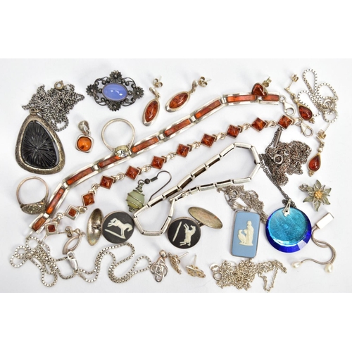 20 - A SELECTION OF JEWELLERY, to include two white metal amber set line bracelets, each fitted with a lo... 