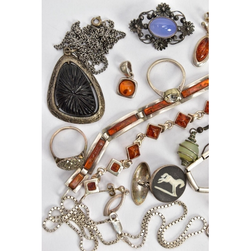 20 - A SELECTION OF JEWELLERY, to include two white metal amber set line bracelets, each fitted with a lo... 