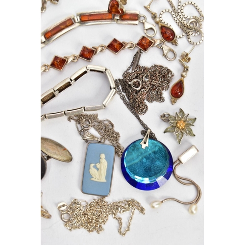 20 - A SELECTION OF JEWELLERY, to include two white metal amber set line bracelets, each fitted with a lo... 