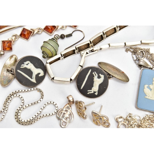 20 - A SELECTION OF JEWELLERY, to include two white metal amber set line bracelets, each fitted with a lo... 