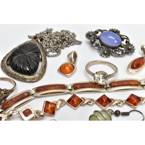 20 - A SELECTION OF JEWELLERY, to include two white metal amber set line bracelets, each fitted with a lo... 