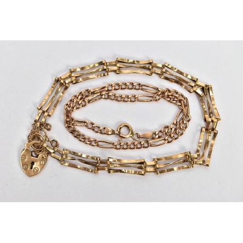 23 - TWO 9CT GOLD BRACELETS, the first a three bar gate bracelet, fitted with a heart padlock clasp unmar... 