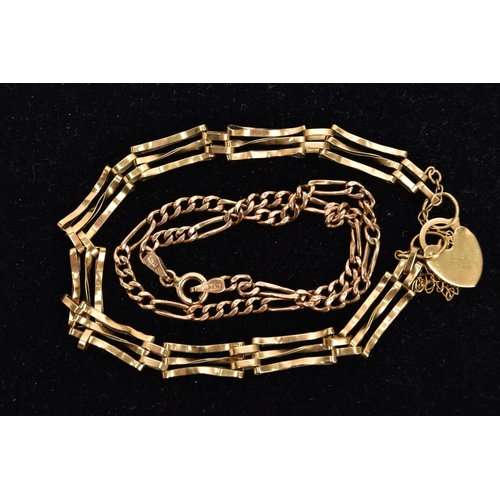 23 - TWO 9CT GOLD BRACELETS, the first a three bar gate bracelet, fitted with a heart padlock clasp unmar... 