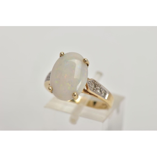 25 - A 9CT GOLD OPAL AND DIAMOND DRESS RING, four claw set white opal cabochon showing flashes of blue, g... 