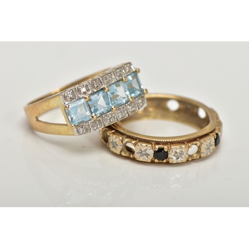 28 - TWO 9CT GOLD GEM SET DRESS RINGS, the first centring on a row of four square cut light blue topaz, b... 