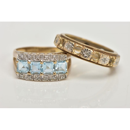 28 - TWO 9CT GOLD GEM SET DRESS RINGS, the first centring on a row of four square cut light blue topaz, b... 