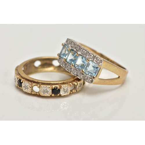 28 - TWO 9CT GOLD GEM SET DRESS RINGS, the first centring on a row of four square cut light blue topaz, b... 