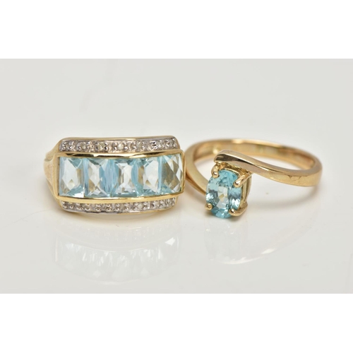 29 - TWO 9CT GOLD GEM SET DRESS RINGS, the first centring on a slightly raised row of five rectangular, m... 