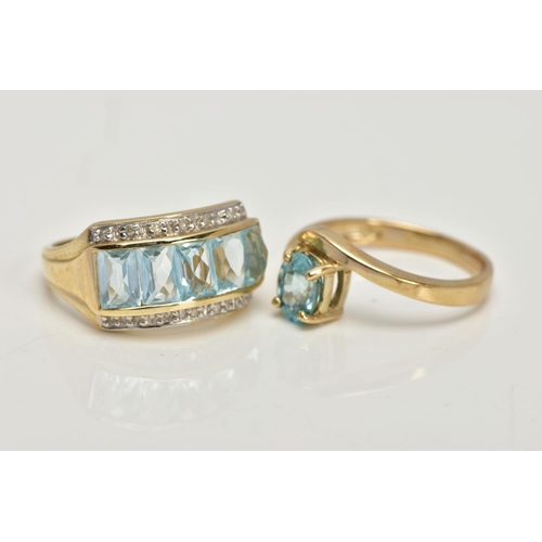 29 - TWO 9CT GOLD GEM SET DRESS RINGS, the first centring on a slightly raised row of five rectangular, m... 