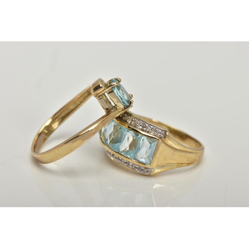 29 - TWO 9CT GOLD GEM SET DRESS RINGS, the first centring on a slightly raised row of five rectangular, m... 