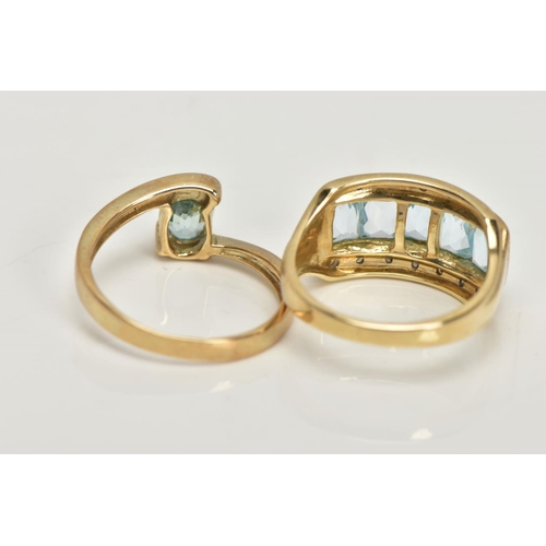 29 - TWO 9CT GOLD GEM SET DRESS RINGS, the first centring on a slightly raised row of five rectangular, m... 