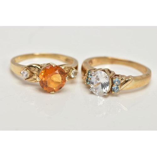 30 - TWO 9CT GOLD GEM SET DRESS RINGS, the first centring on a four claw set, circular cut citrine, flank... 