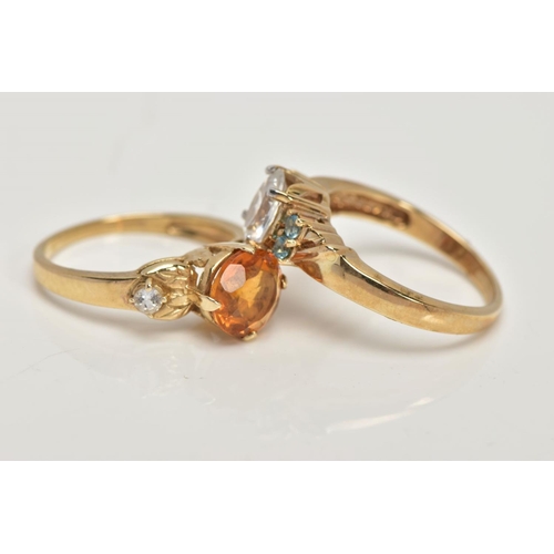 30 - TWO 9CT GOLD GEM SET DRESS RINGS, the first centring on a four claw set, circular cut citrine, flank... 