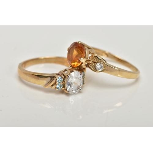 30 - TWO 9CT GOLD GEM SET DRESS RINGS, the first centring on a four claw set, circular cut citrine, flank... 