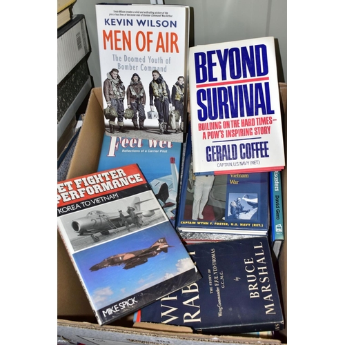 303 - AIRCRAFT / MILITARY BOOKS, three boxes containing approximately sixty-six mainly hardback titles, su... 