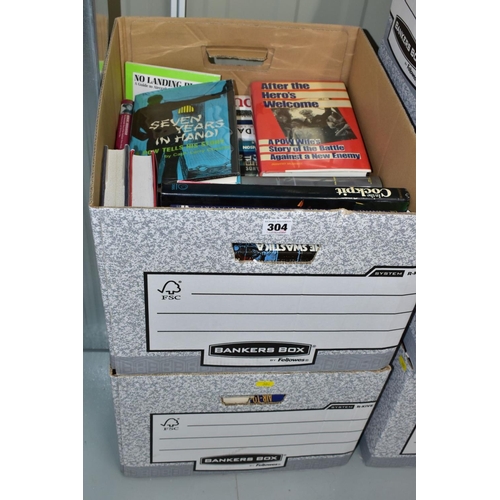 304 - AIRCRAFT / MILITARY BOOKS, two boxes containing approximately fifty-eight mainly hardback titles, su... 