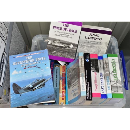 306 - AIRCRAFT / MILITARY BOOKS, three boxes containing approximately fifty-four hardback and paperback ti... 