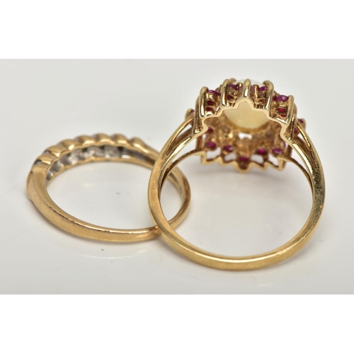 31 - TWO 9CT GOLD GEM SET DRESS RINGS, the first a yellow gold cluster ring, centring on a four claw set,... 