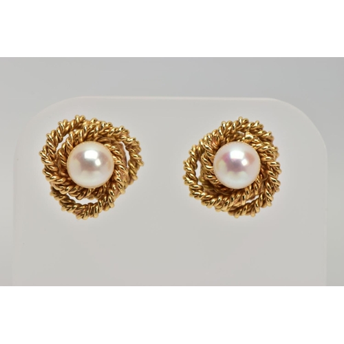 34 - A PAIR OF YELLOW METAL CULTURED PEARL EARRINGS, each set with a single cream pearl with a pink hue, ... 