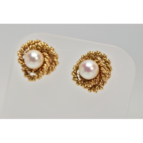 34 - A PAIR OF YELLOW METAL CULTURED PEARL EARRINGS, each set with a single cream pearl with a pink hue, ... 