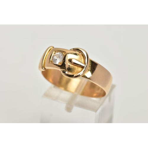 36 - A 18CT GOLD BUCKLE RING, a yellow gold band ring in the style of a buckle, approximate width 7mm, se... 